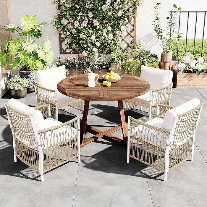 Merax 5 Piece Patio Dining Set, Outdoor Acacia Wood Extendable Round Table with 12 Inch Butterfly... | Amazon (US)