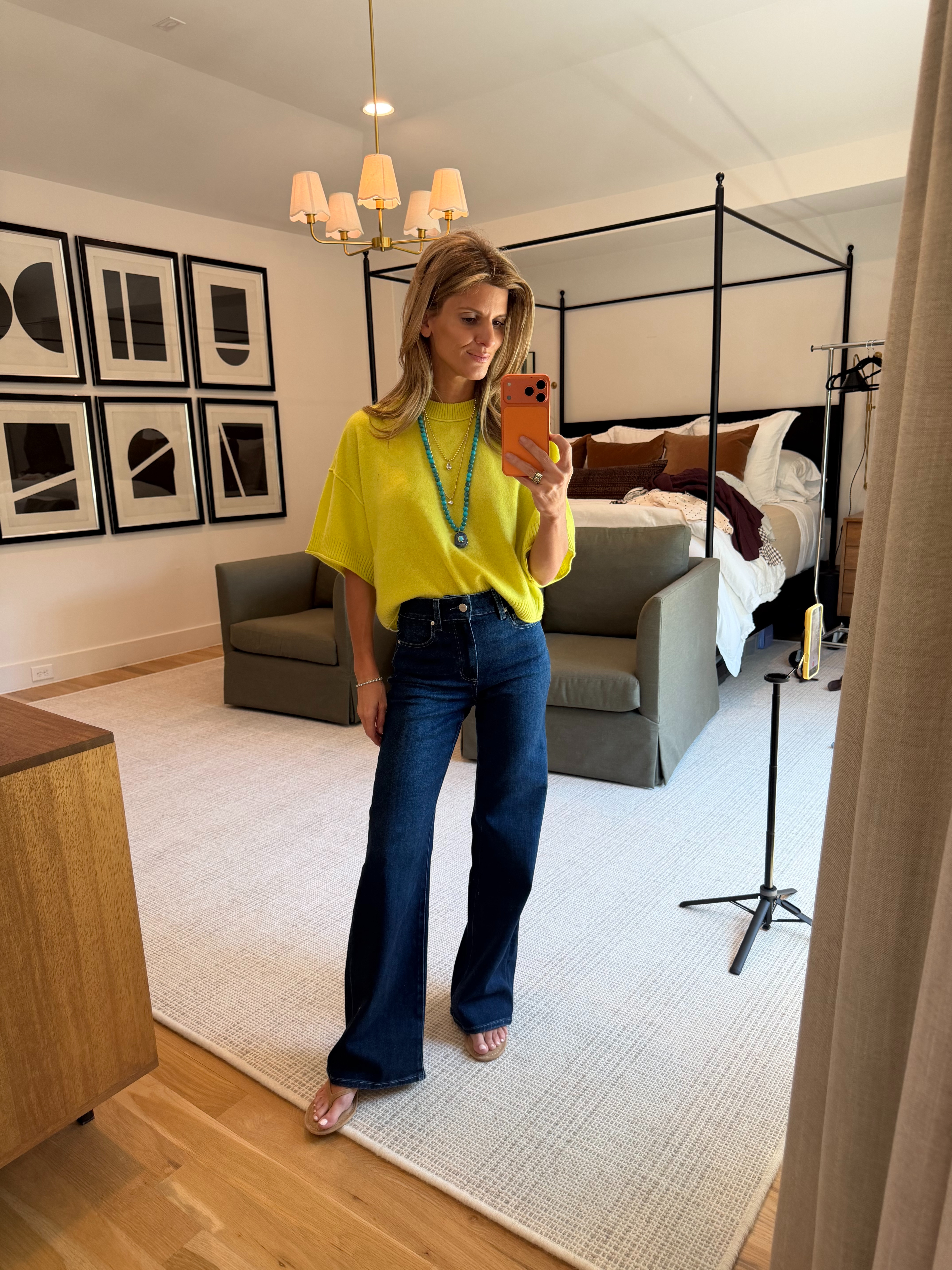 Viral paige anessa jeans and anthropologie chartreuse sweater w bauble bar necklace and my fav amazon kitten heels 

 