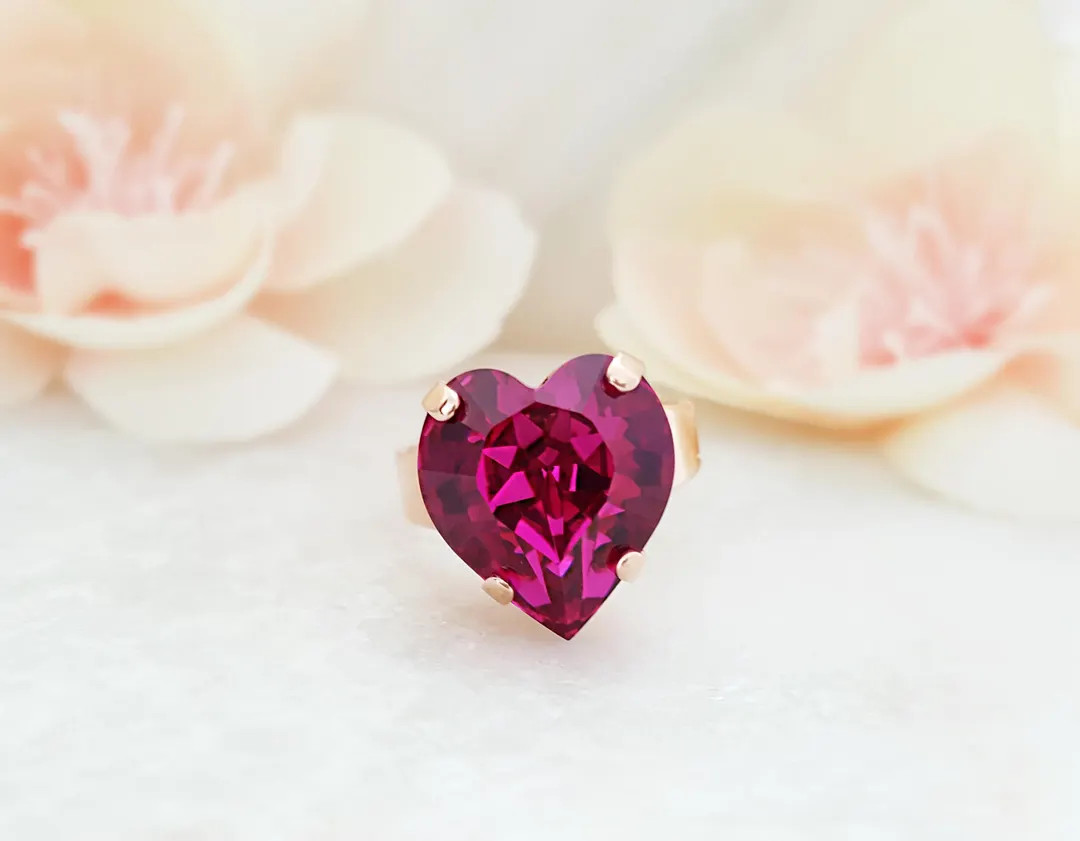 FUCHSIA Hot Pink Heart Ring Rose Gold Heartshaped Crystal, Fuchsia Jewelry Gifts, Chunky Ladies M... | Etsy (US)
