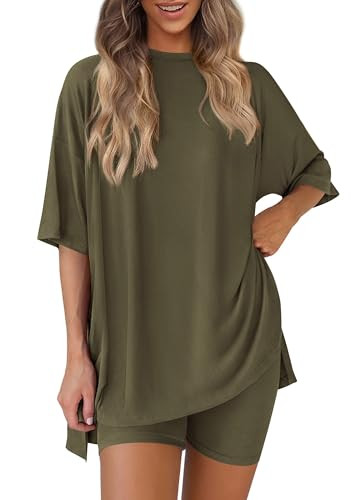 PRETTYGARDEN Women 2 Piece Lounge Set 2026 Summer Casual Oversized Shirts Biker Shorts Matching Airport Travel Outfit Clothes (Army Green,XX-Large) | Amazon (US)
