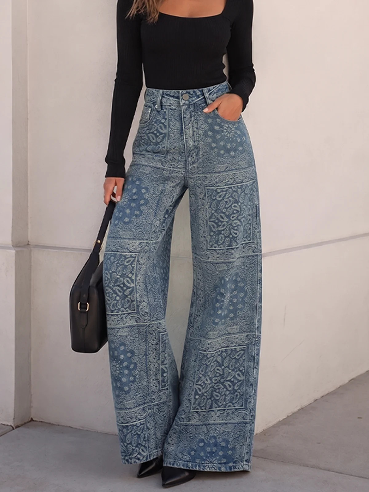 Bandana Pattern Denim Straight Pants | Commense