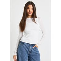 boohoo Women's Double Layer Sheer Rib Racer Long Sleeve Top in White | Size: 12 | Denim | boohoo (US & Canada)