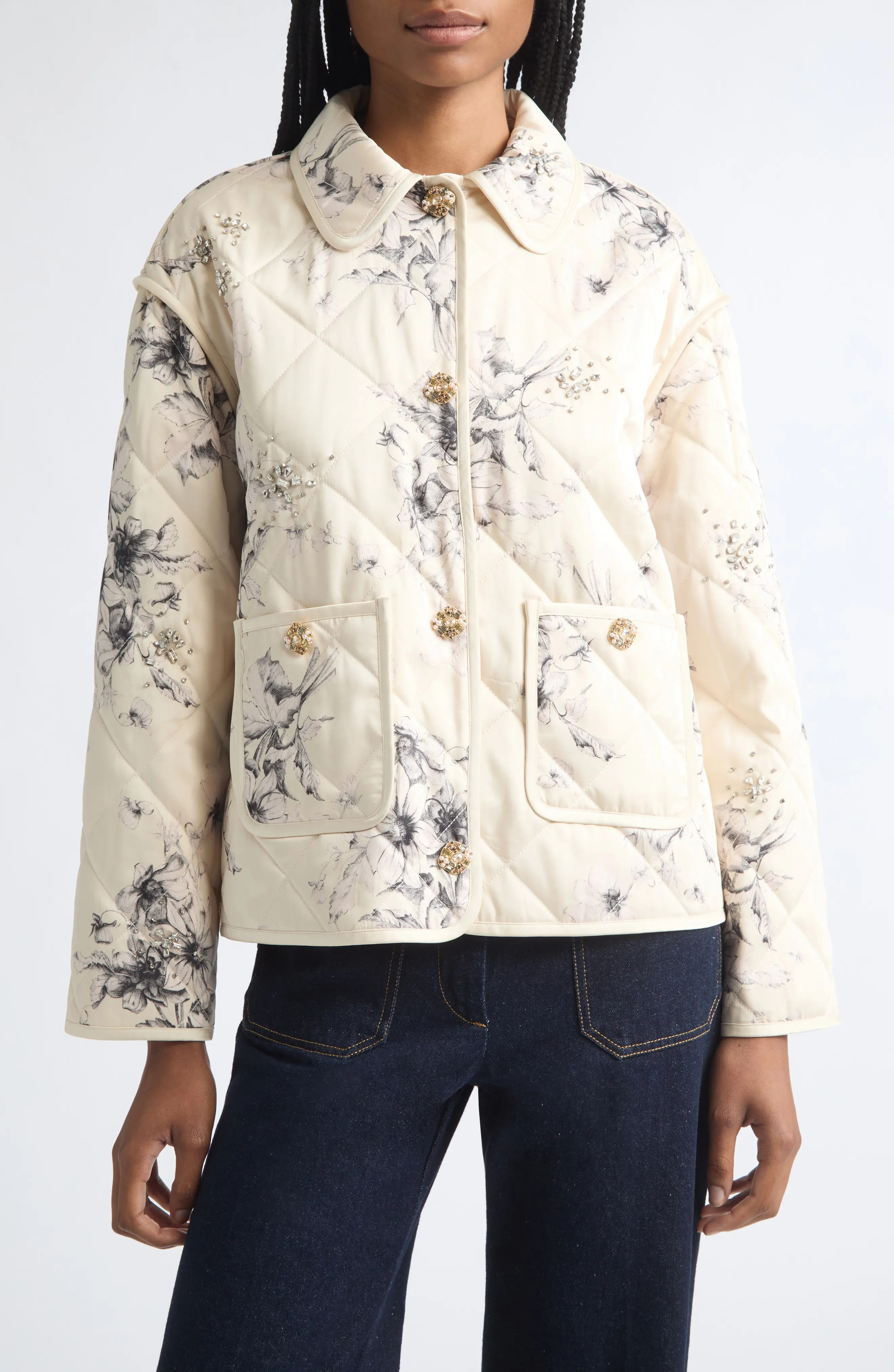 Cinq à Sept Sketched Floral Alexa Quilted Jacket in Gardenia/black at Nordstrom, Size Small | Nordstrom
