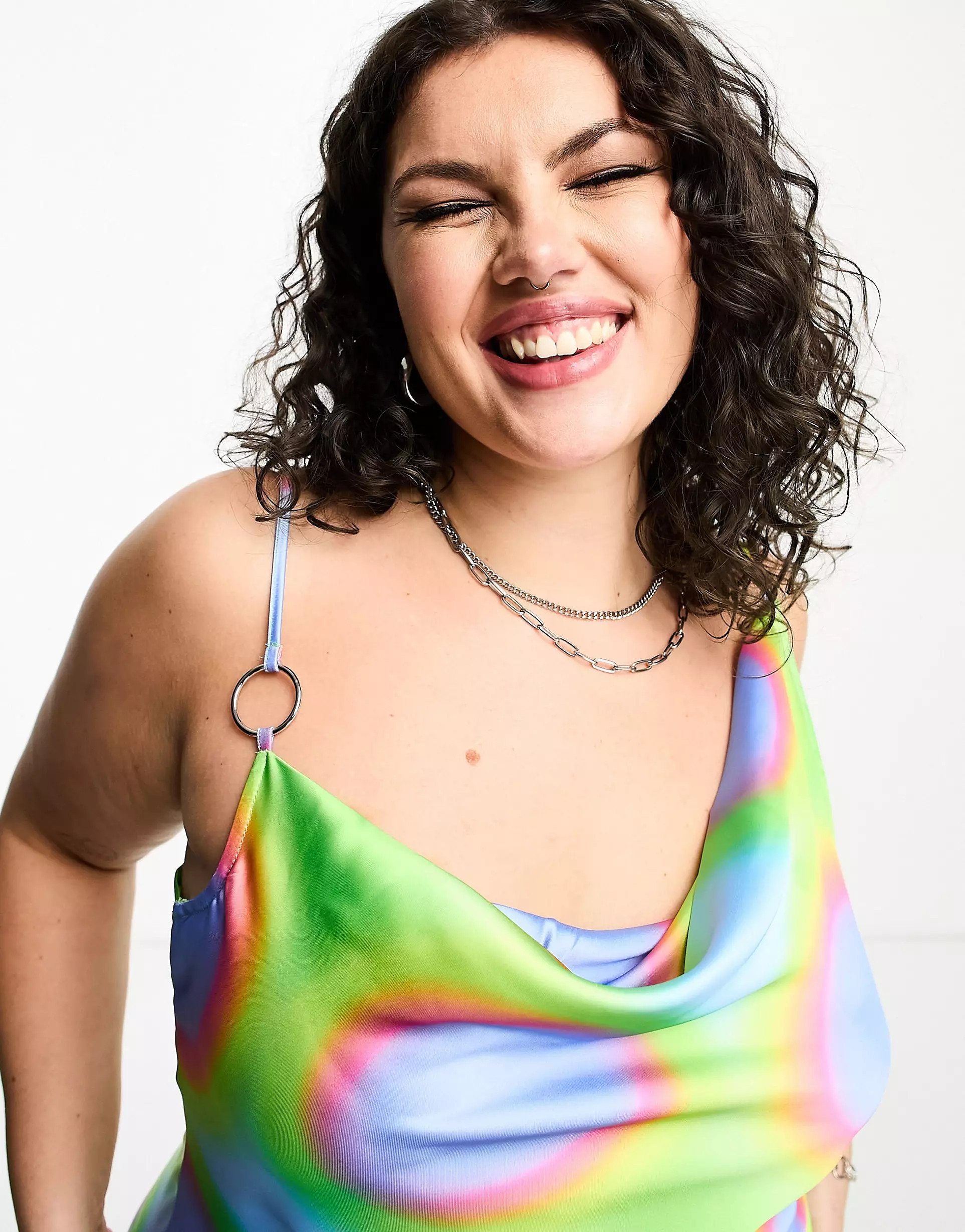 COLLUSION PLUS cowl neck metal ring detail printed maxi slip dress in multi | ASOS (Global)