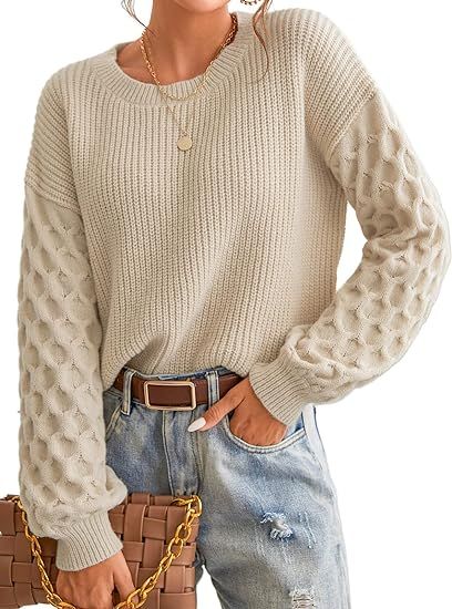 CUPSHE Women's Casual Round Neck Sweater Autumn Long Sleeves Fitted Pullover with Honeycomb Knit | Amazon (US)