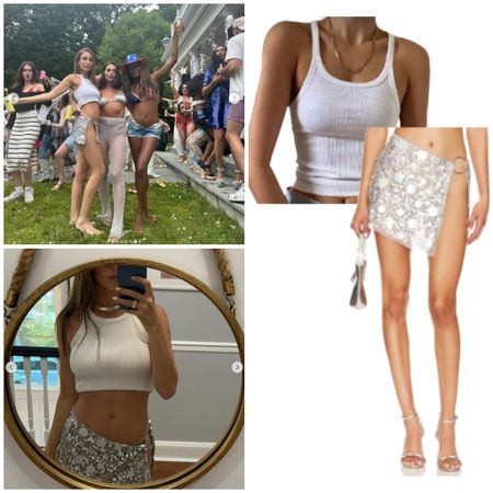 Amanda Batula’s Silver Sequin Skirt and White Tank / White Tank is sold out on Amazon, similar linked (tank info : @amandabatula)