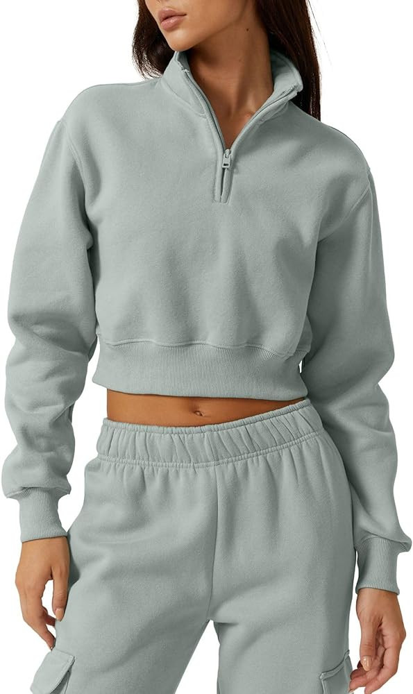 QINSEN Womens Half Zip Crop Sweatshirt High Neck Long Sleeve Pullover Cropped Top | Amazon (US)