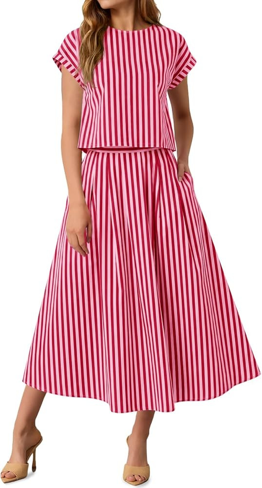 Tankaneo Womens Striped 2 Piece Skirt Sets Summer Cap Sleeve Tops Midi Dress Travel Vacation Outf... | Amazon (US)