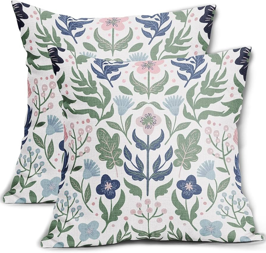 Blue Green Floral Pillow Covers 18x18 Set of 2 Navy Pink Sage Flower Flower Block Print Decorativ... | Amazon (US)