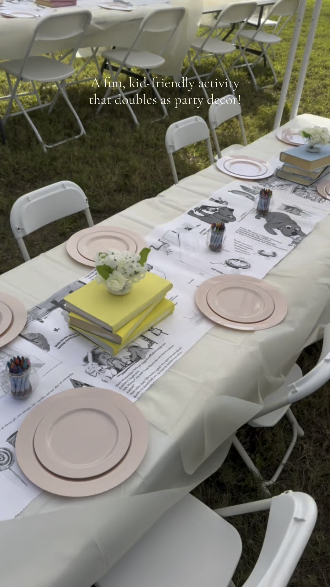 Creating the cutest table runner for my daughter’s birthday! I printed out pages from her favorite kids’ books in black & white and taped them together to make a coloring table runner. It’s a fun, simple way to keep kids entertained while doubling as adorable decor! I love having activities for all ages at parties because it’s all about the kids having fun!🥰🖍️ 

#LTKHome #LTKParties #LTKKids