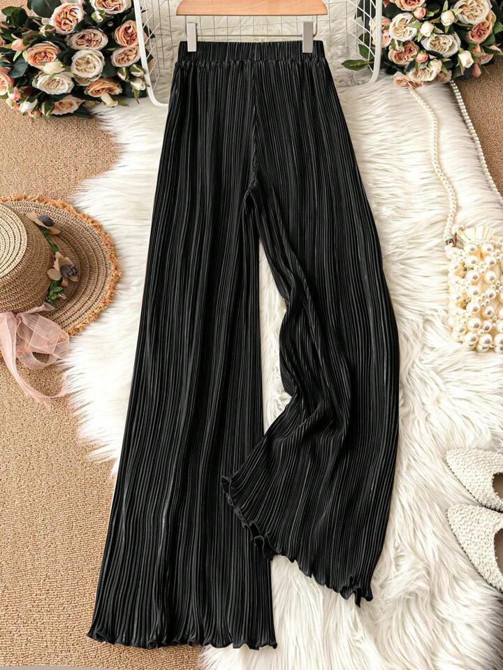 SHEIN Clasi Solid Plisse Wide Leg Pants,Ladies Spring/Fall Casual Pleated Natural Wide Leg Long B... | SHEIN