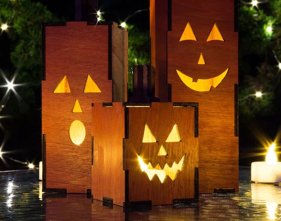 Light-Up Jack O Lanterns - Set of 3 Mini Wood Pumpkins | Etsy (US)