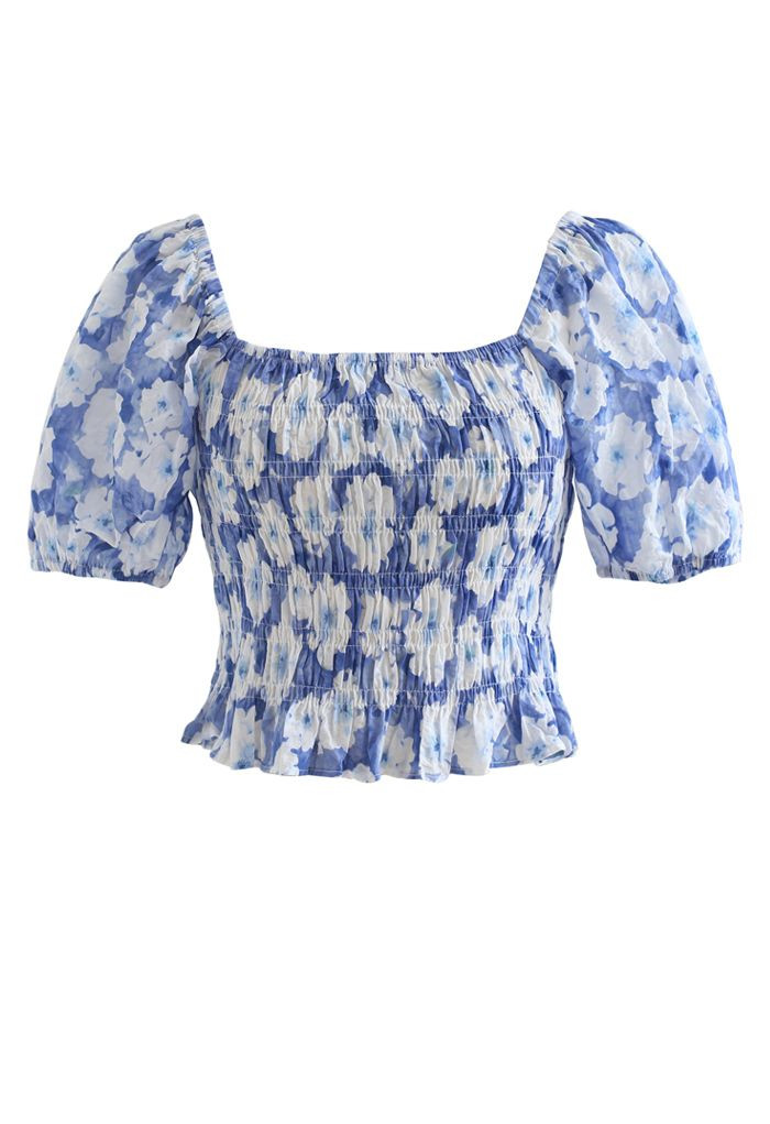 Embossed Floral Shirred Crop Top in Blue | Chicwish