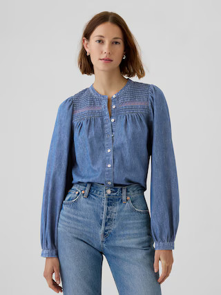 Puff-Sleeve Lace-Trim Denim Shirt | Gap (US)