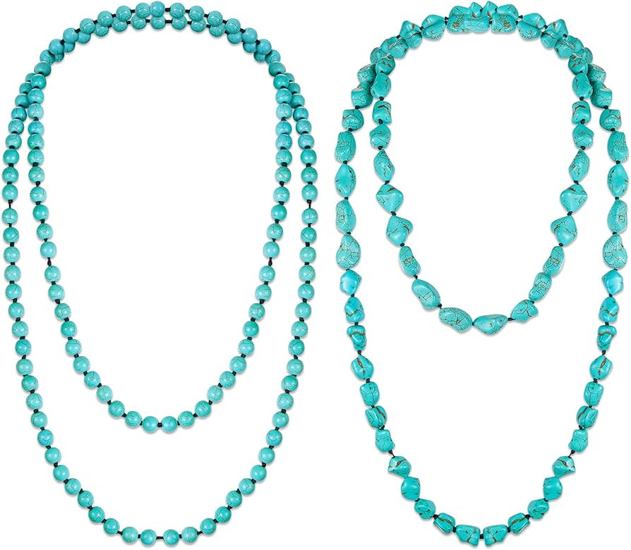 Henoyso 2 Pcs Turquoise Beads Necklace 47.5 Inch Long Endless Necklace Multi Strand Layer Necklac... | Amazon (US)