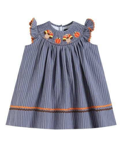 Stone Blue Stripe Turkey Smocked Angel-Sleeve Dress - Infant, Toddler &amp; Girls | Zulily