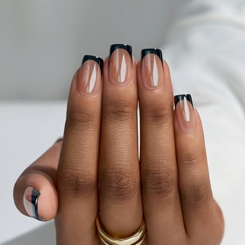 BTArtbox Press on Nails Short Square - Black Chrome French Tip Press On Nails, Glazed Glue On Nai... | Amazon (US)
