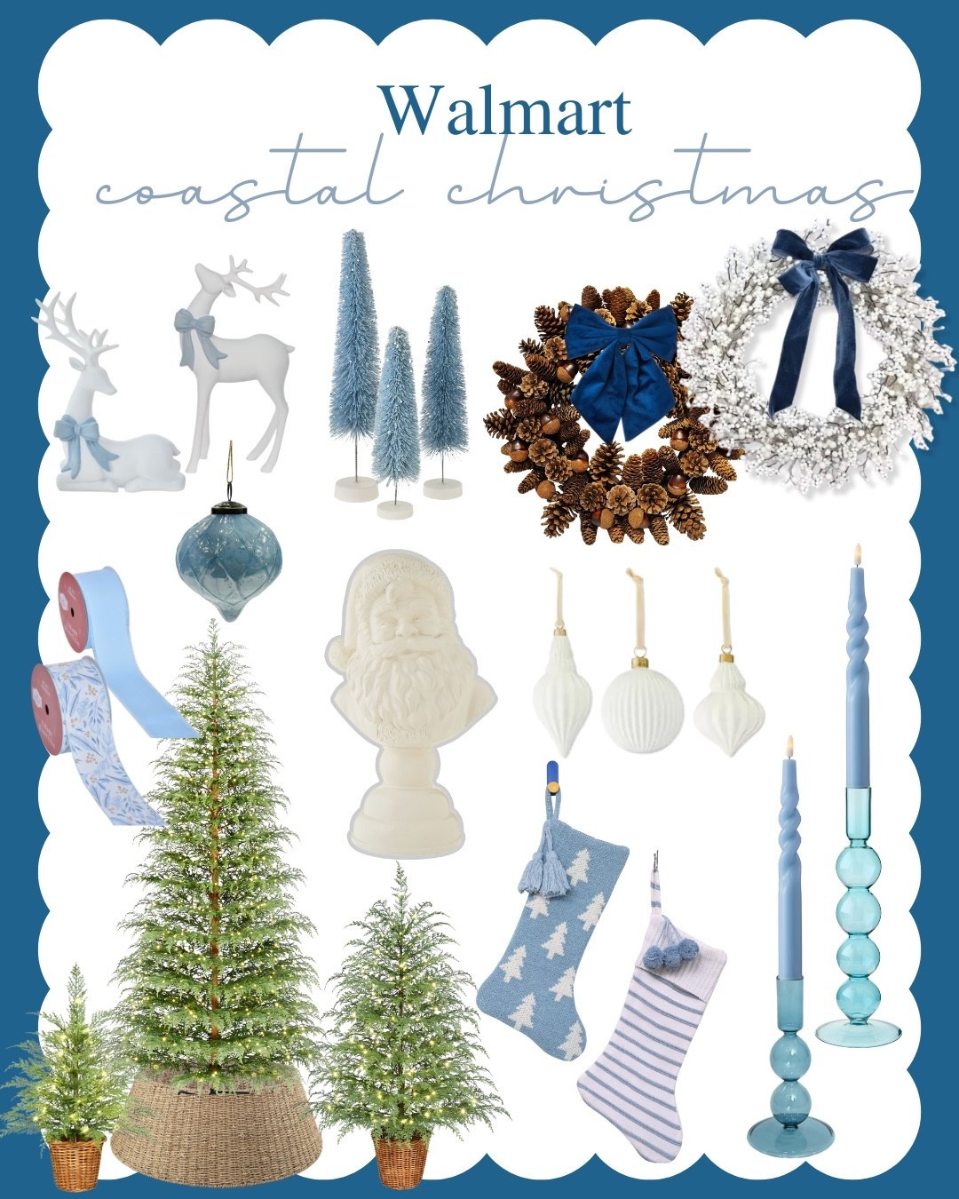 Coastal, grandma millennial Christmas decor, classic Coastal Christmas decor, timeless, blue and white Christmas decor. Well then rattan tree collar, pinecone wreath, white wreath, Holiday wreath Christmas wreath, winter wreath, candles, white deer, blue bottle, bus trees, stockings ornaments Santa bust.

#LTKHome #LTKSeasonal