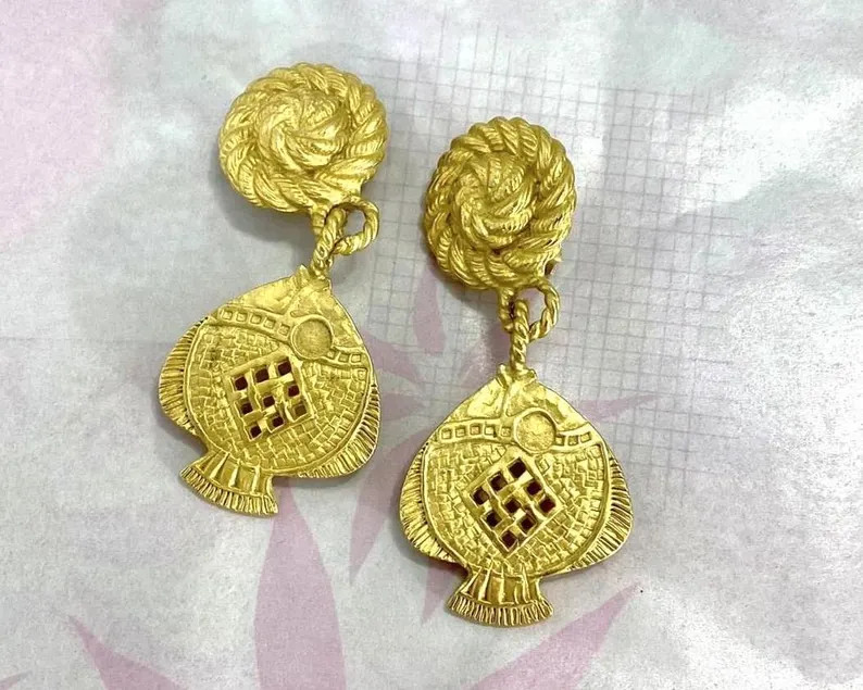 Huge Dangle Clip On Earrings, Vintage Gold Tone Tropical Fish '80s Glamorous Statement, Beach Oce... | Etsy (US)