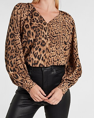 Leopard Print Button Front Balloon Sleeve Top | Express