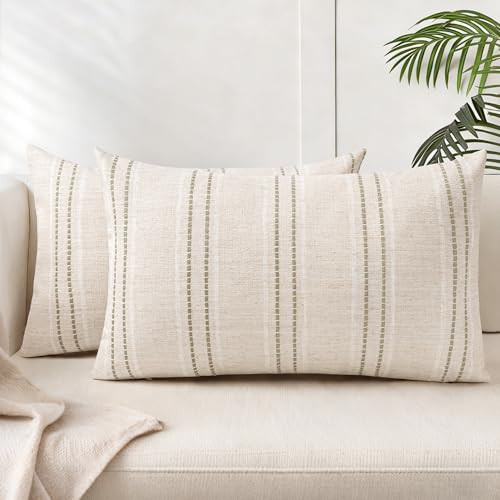 AELS 12x20 Decorative Farmhouse Linen Blend Throw Pillow Covers, Boho Textured Pillow Case, Set of 2, Beige with White & Brown Stitch Yarn Dyed Stripe Cushion Cover for Sofa Living Room (Cover ONLY) | Amazon (US)
