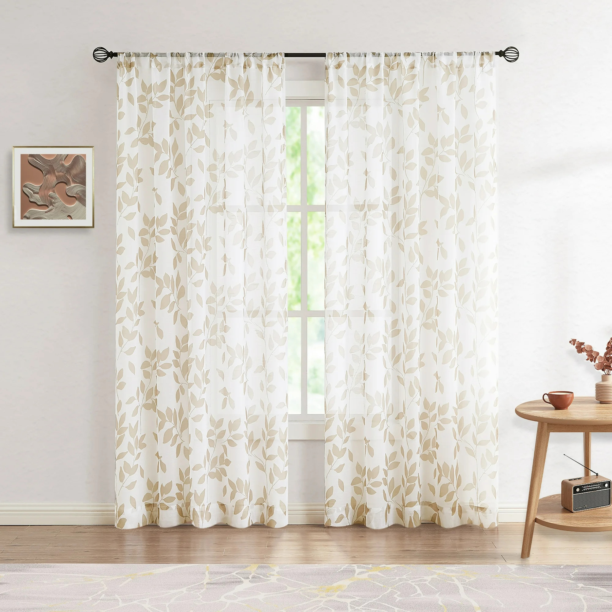 Exultantex Linen Texture Leaf Botanical Rod Pocket Sheer Curtain,50"W x 84"L,2 Panels,Grey | Walmart (US)
