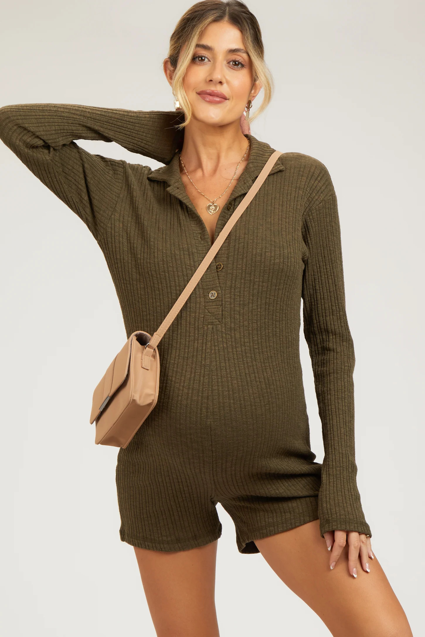 Olive Rib Knit Collared Maternity Romper | PinkBlush Maternity