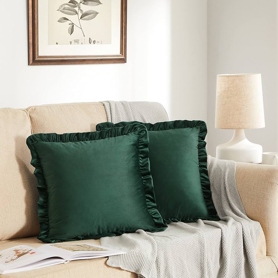GIGIZAZA Army Green Decorative Throw Pillow Covers, 18x18 Velvet Ruffle Cushion Pillow Covers for... | Amazon (US)