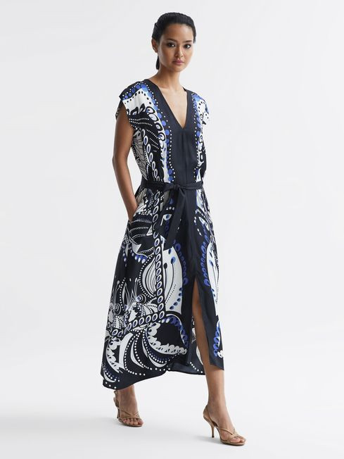 Reiss Navy/White Freja Scarf Printed Midi Dress | Reiss US