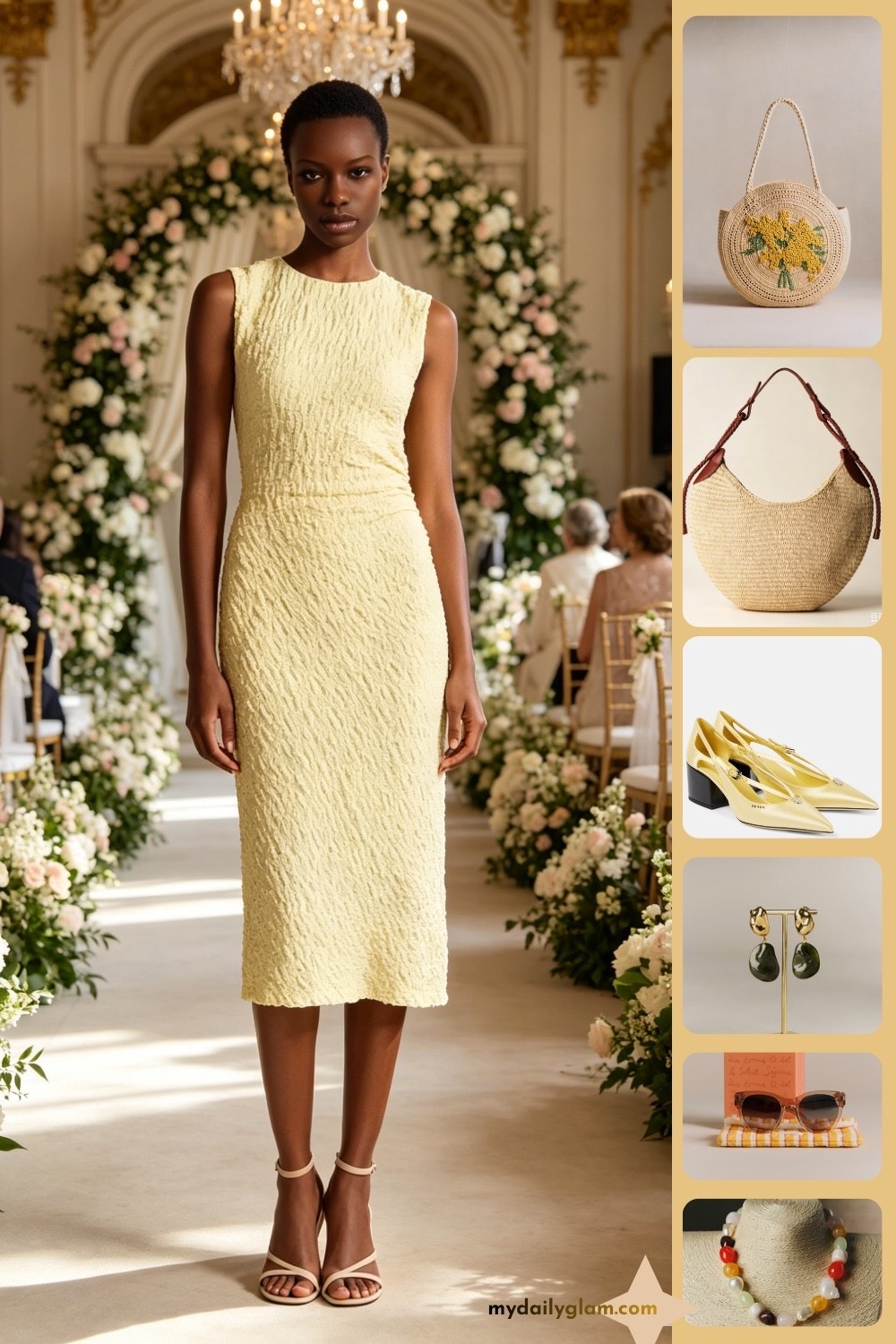 Elegant Pale Yellow Midi Wedding Guest Outfit With Neutral Summer Accessories
#WeddingGuestDress #YellowMidi #SummerEventOutfit

#LTKootd #LTKOver40 #LTKWedding