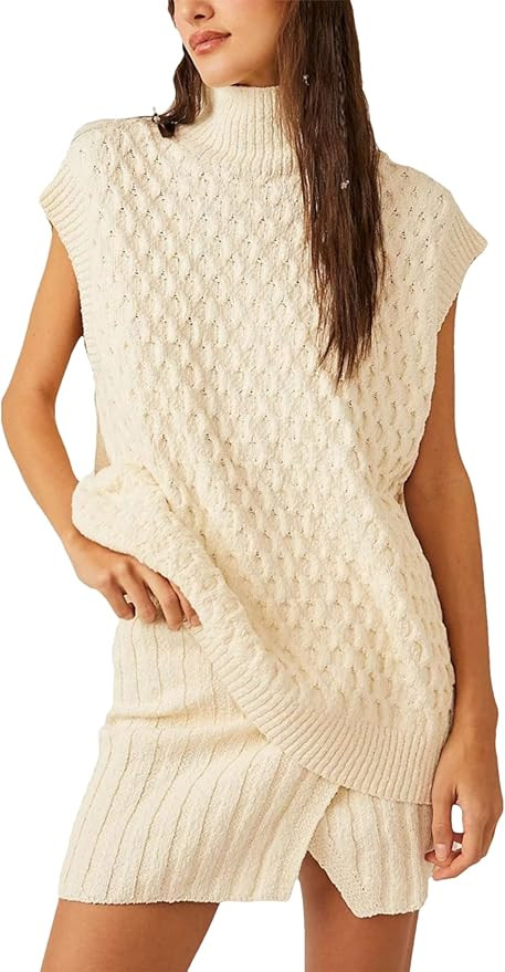 Bozanly Womens 2 Piece Sweater Set Mock Neck Cap Sleeve Knit Vest Split Mini Skirt Outfits | Amazon (US)