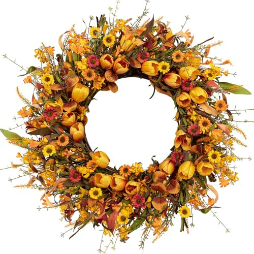 LLZLL 22 Inch Fall Wreath Artificial Autumn Wreaths for Front Door Orange Tulip Wreath with Forsythia Daisy and Berries for Indoor Outdoor Harvest Thanksgiving Holiday Celebration | Amazon (US)