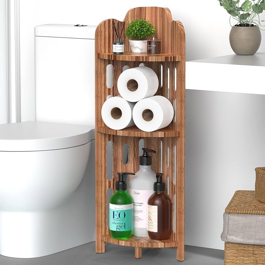 Meangood Bathroom Corner Shelf Stand, 3 Tier Pine Wood Display Shelf for Narrow Space, Shower Cor... | Amazon (US)