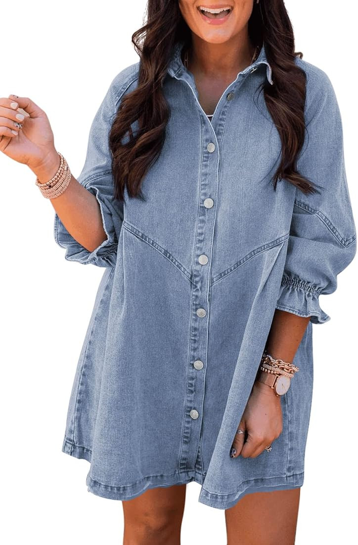 Womens Smocked 3 4 Sleeve Button Down Denim Jeans Dresses | Amazon (US)