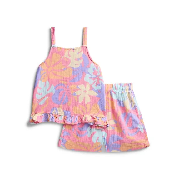 Wonder Nation Girls Textured Woven Cotton Top and Shorts Outfit Set, 2-Piece, Sizes 4-10 | Walmart (US)