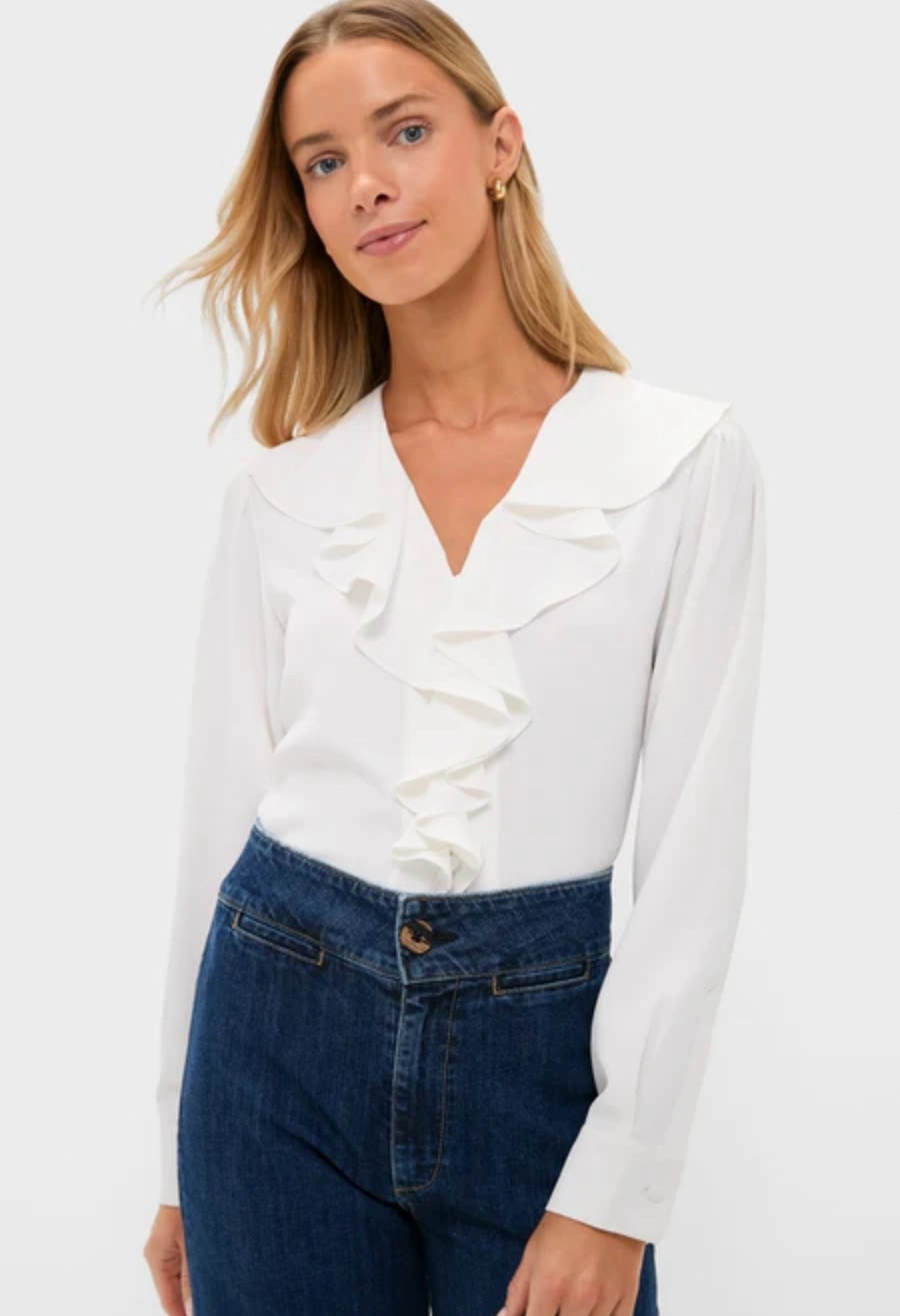 Classic v-neck ruffle, long sleeve blouse in white - ordered a small!

#LTKootd #LTKgrwm #LTKStyleTip