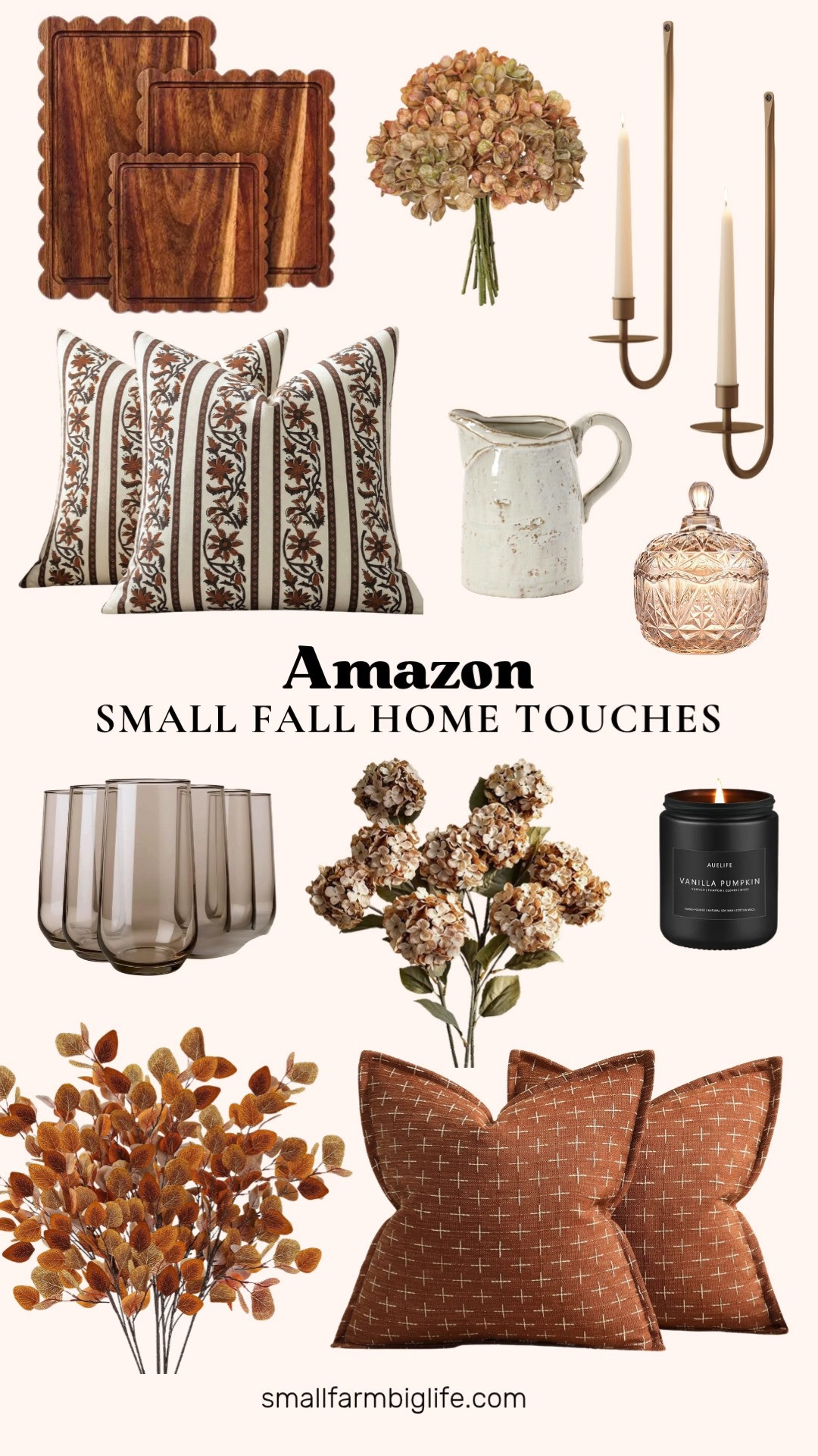 These small touches make such a big difference when you are transitioning your home into fall. This smokey brown glassware set is so pretty for everyday drinks or fall cocktails, and these brass wall candle sconces add such a warm, elevated glow to a living room or fireplace mantel.

Loving these scalloped bamboo cutting boards for a charcuterie or cheese board moment, and both of these brown and terracotta artificial hydrangea stems are perfect for an easy centerpiece refresh. This white stoneware pitcher is the kind of simple piece that works in any season.

These rust and terracotta fall pillow covers are such an easy way to bring in autumn texture on a sofa or bed. This vanilla pumpkin soy candle smells like fall in the best way, and this amber crystal candy dish is so pretty for a coffee table or counter. Finishing the look with a few stems of faux eucalyptus for that soft, natural touch.

#falldecor #amazonhome #fallhometouches #cozyhome #autumndecor 

 #LTKSeasonal #LTKHome