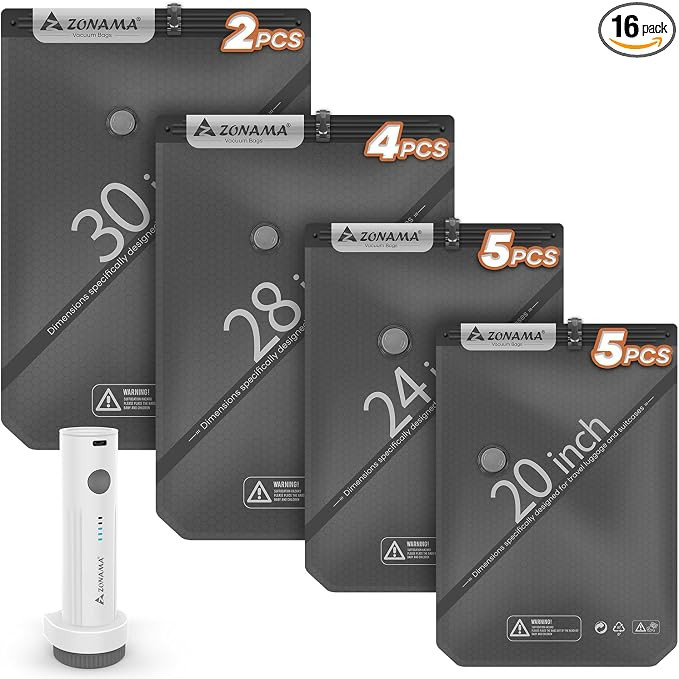 Vacuum Storage Bags for Travel with Wireless Rechargeable Air Pump, 16 Pack Travel Essentials Spa... | Amazon (US)