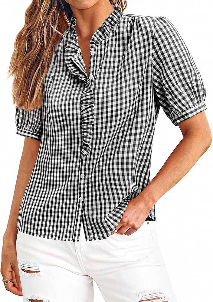siliteelon Women Plaid Shirt Gingham Short Sleeve Top Button Down Ruffle V Neck Dress Shirts Cott... | Amazon (US)