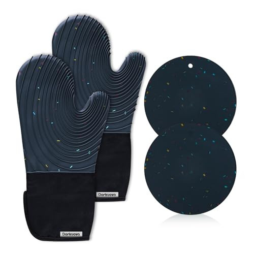 Dorkuova Silicone Oven Mitts,Cotton Lined Gloves, BPA-Free, Long Cooking Mitts and Trivet Mats, Oven Mitts Set for BBQ, 4 Pieces (Dark Grey) | Amazon (US)