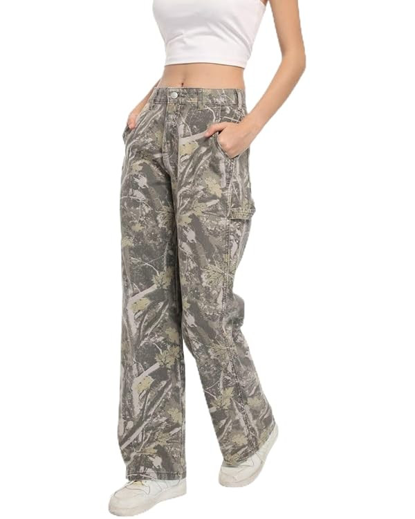 Women Camouflage Cargo Pants Straight Wide Leg Trousers Jeans with Pockets | Amazon (US)