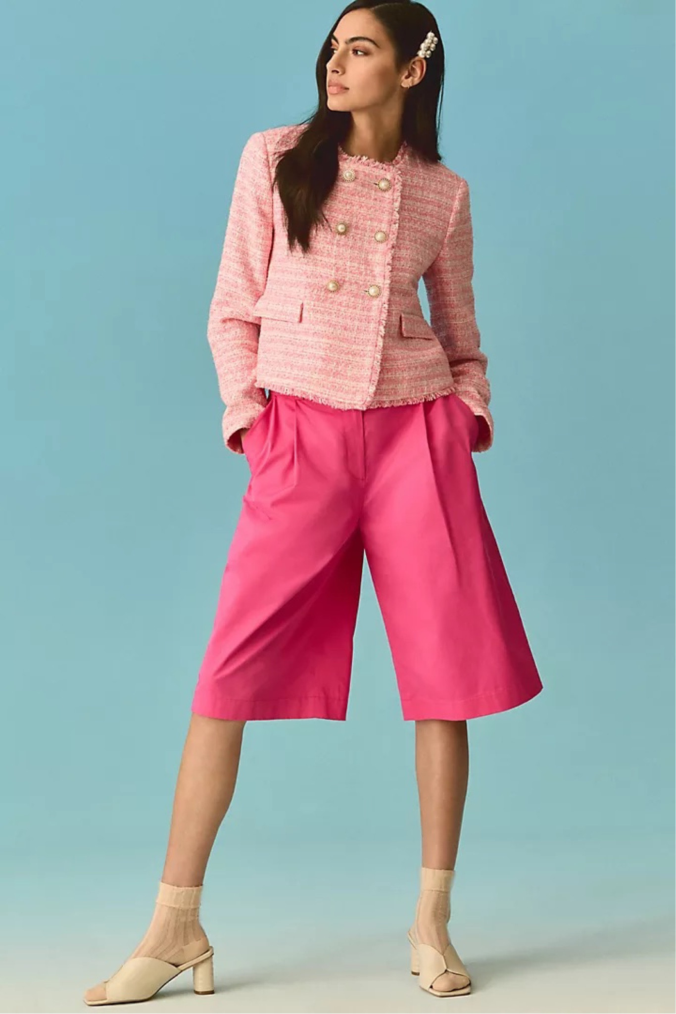 Cropped pleated trousers. Comes in fuchsia rose and nude. Wear with sandals or a cute heel.

#LTKSeasonal #LTKstyletip