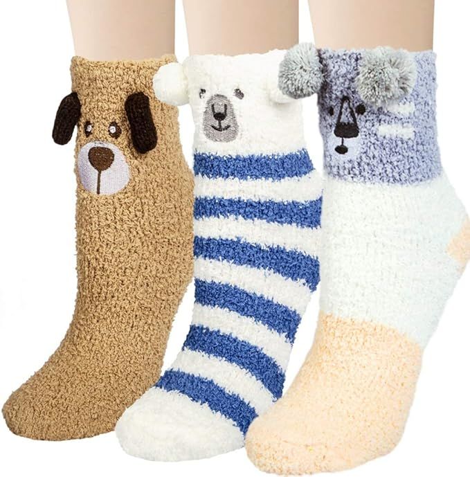 3 Pairs Womens Fuzzy Socks Winter Warm Fluffy Soft Slipper Home Sleeping Cute Animal Socks | Amazon (US)