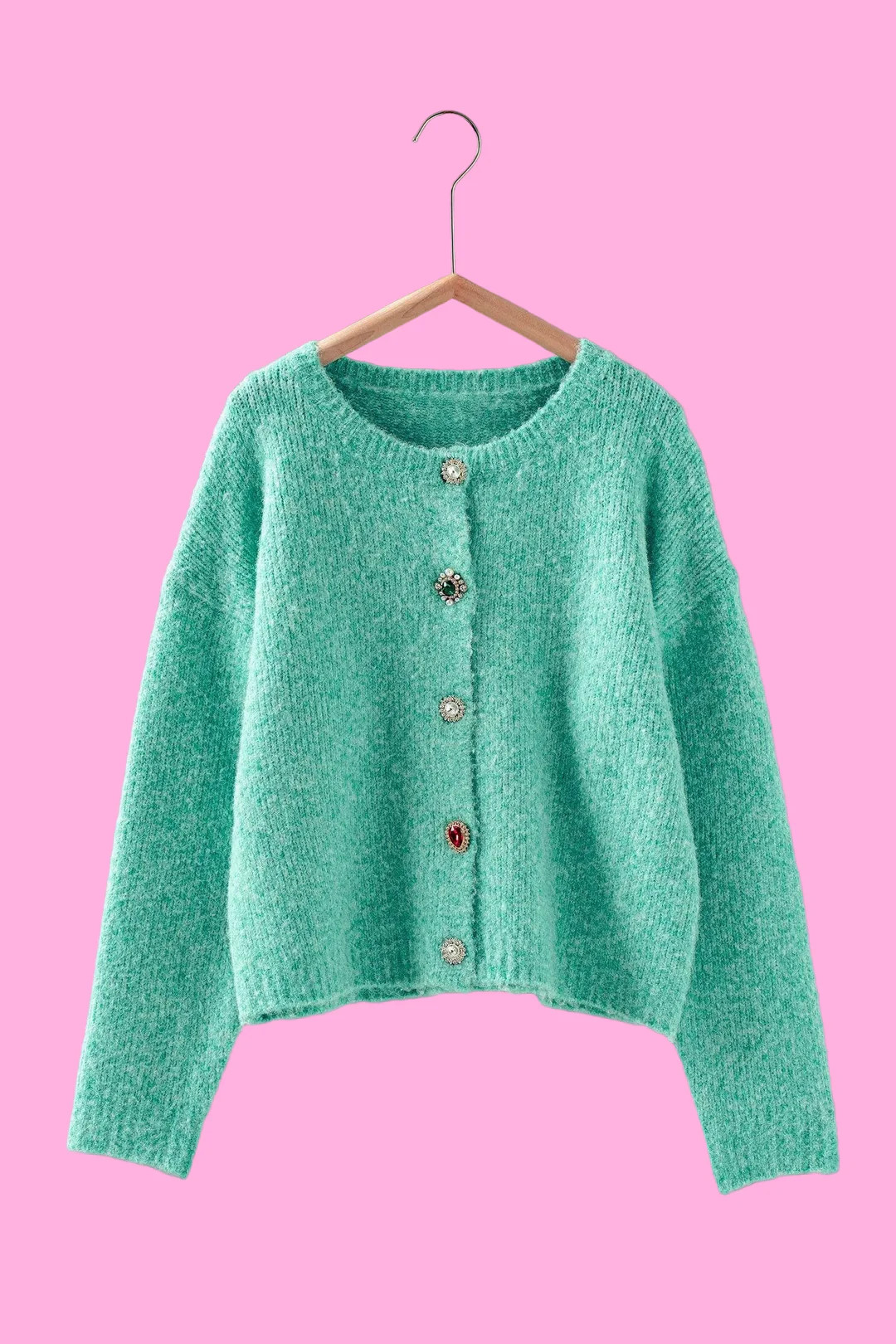Jeweled Button Fuzzy Knit Crew Cardigan | Teggy French