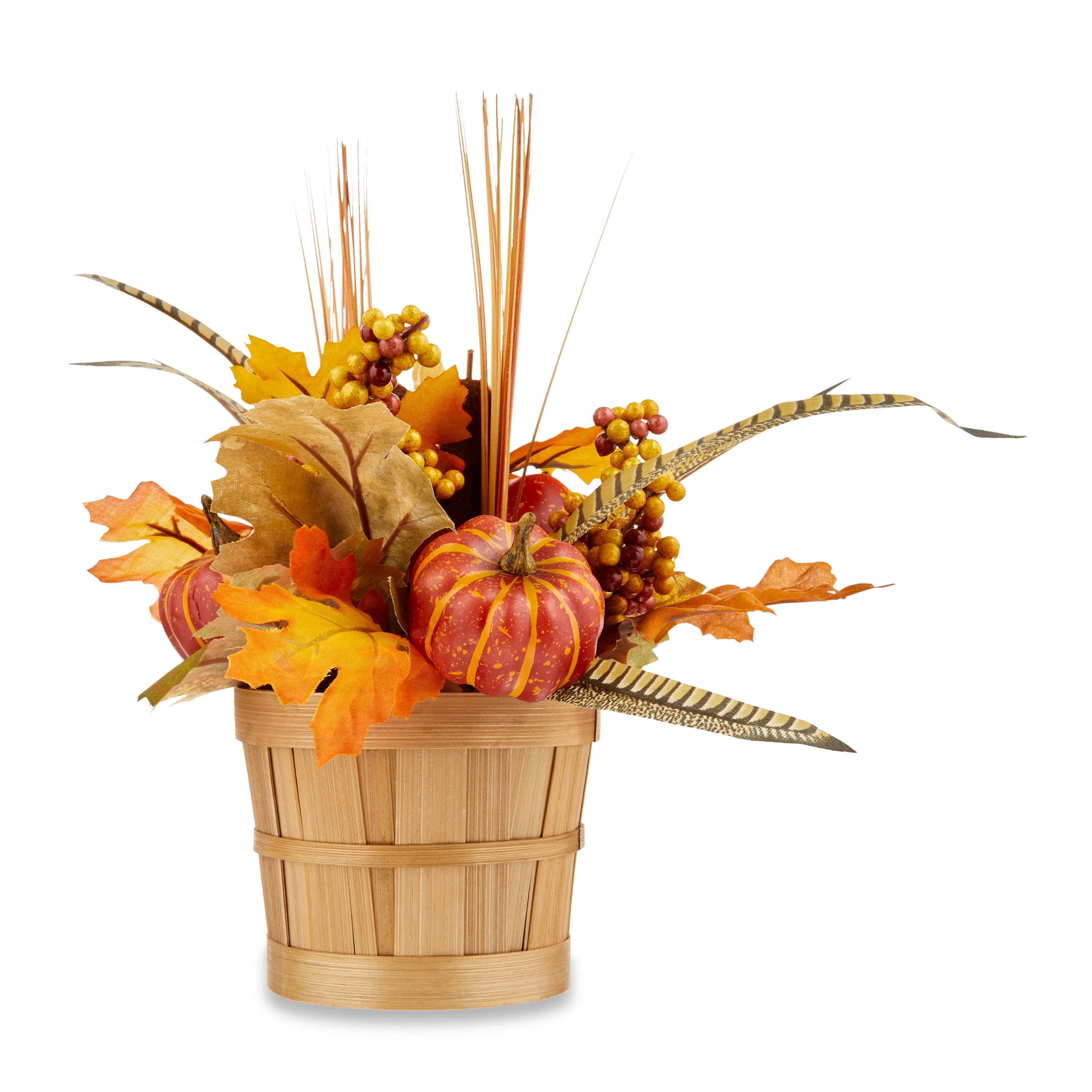 Fall, Harvest 12 in Orange Pumpkin/Floral in Bamboo Pot Table Decoration, Way to Celebrate | Walmart (US)