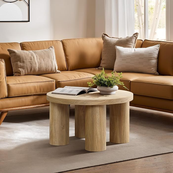 LuxenHome Round Coffee Table with 4 Pillar Legs, 27.5'' Wide Accent Center Table, Modern Farmhous... | Amazon (US)