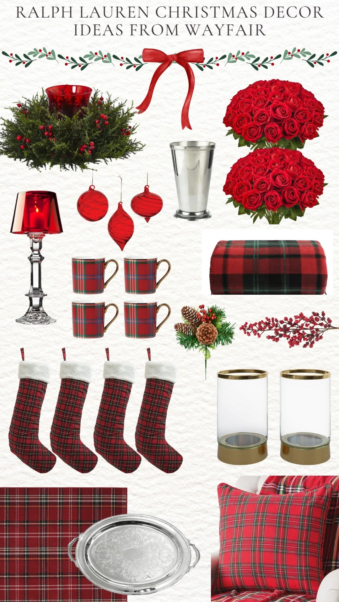 Create a timeless Ralph Lauren inspired Christmas look with these Wayfair holiday decor favorites ❤️✨ Style faux red roses in a silver vase, add red plaid accents with blankets, rugs, and mugs, and finish with gold hurricane candle holders and red ornaments for a warm, elegant holiday glow. 

 #LTKSeasonal #LTKHome #LTKStyleTip