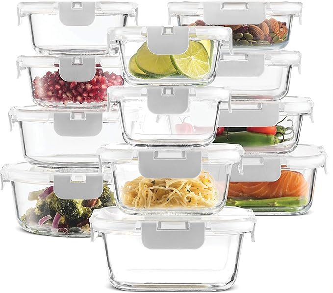 24-Piece Superior Glass Food Storage Containers Set - Newly Innovated Hinged BPA-free Locking lid... | Amazon (US)