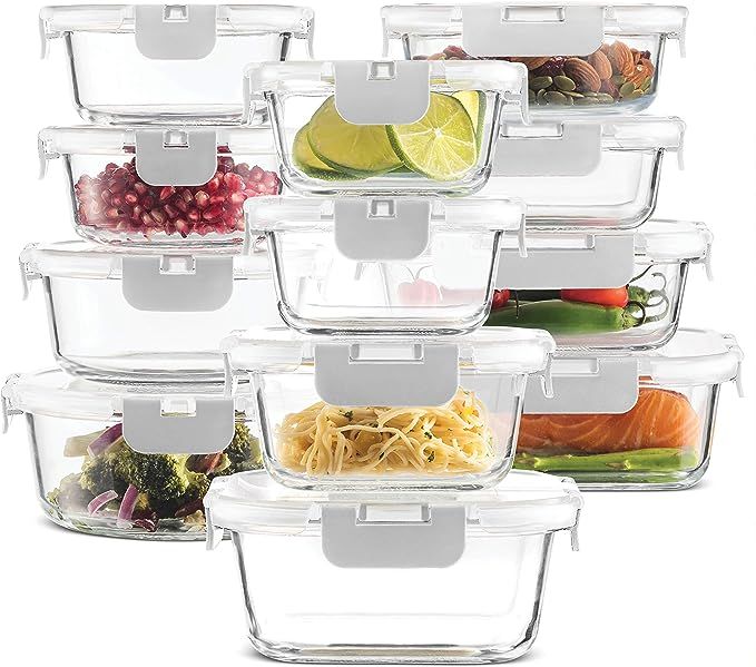 24-Piece Superior Glass Food Storage Containers Set - Newly Innovated Hinged BPA-free Locking lid... | Amazon (US)