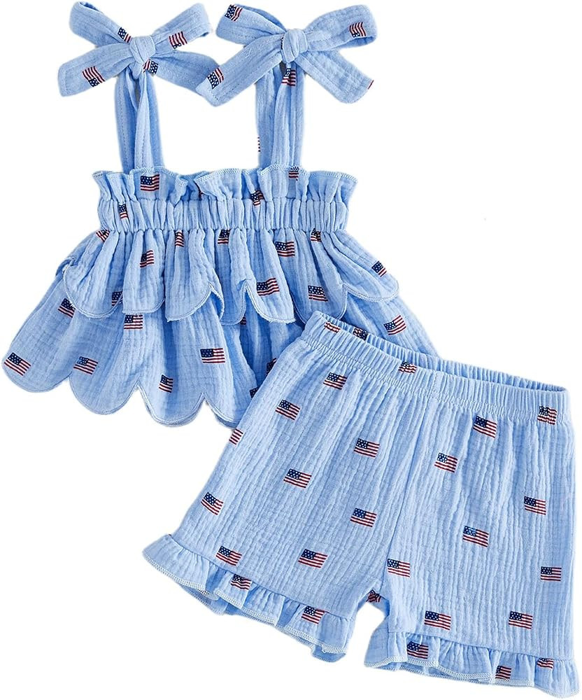 BeQeuewll Toddler Girl 4th of July Outfit Flag USA Print Ruffle Shirt Tank Top Dress Ruffled Shor... | Amazon (US)